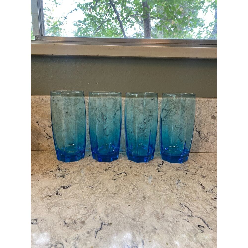 Vintage Set of 4 Cristar Amadeus Sky Blue Octagon Tumblers Blue Glasses 16 oz